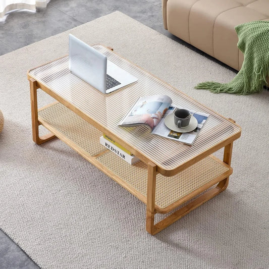 Rattan Coffee Table with Tempered Glass Top, Storage Shelf