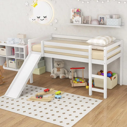 Wooden Twin Size Kids Loft Bed with Slide, Climbing Ladder, and Storage for Toddlers and Girls, White