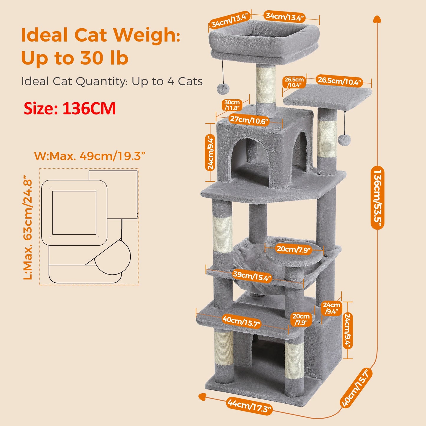 Large Cat Tree and Tower for Indoor Cats With Sisal-Covered Scratching Posts, Spacious Hammock Padded and Cat Toys