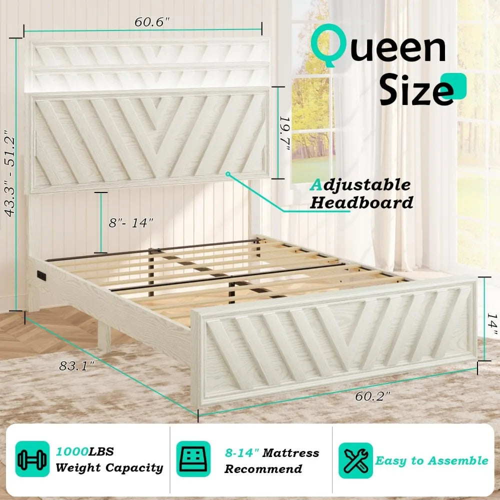 Queen or Full Bed with Adjustable Headboard, Farmhouse Platform Bed Wood with LED Light and Charging Station, 2 Color Choices