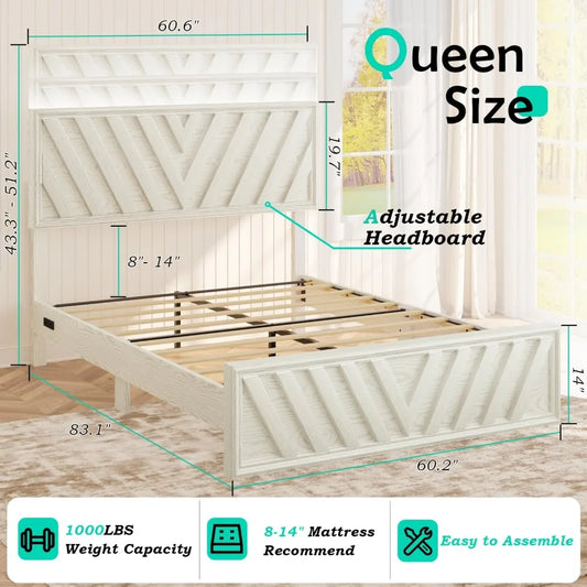 Queen or Full Bed with Adjustable Headboard, Farmhouse Platform Bed Wood with LED Light and Charging Station, 2 Color Choices