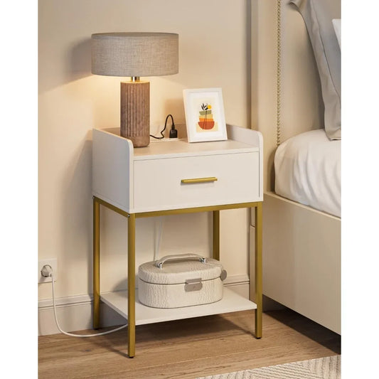 Modern Nightstand with Charging Station, Storage Drawer and Shelf