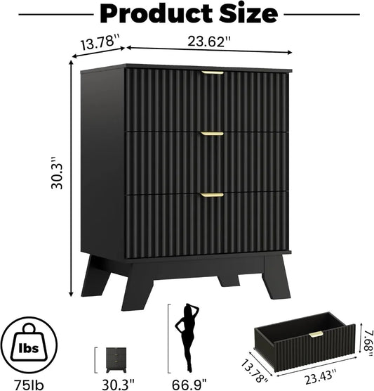 Mid Century Modern Nightstand Set of 2, 3 Drawer Bedside Table with Metal Handles, Farmhouse Black Nightstand for Bedroom