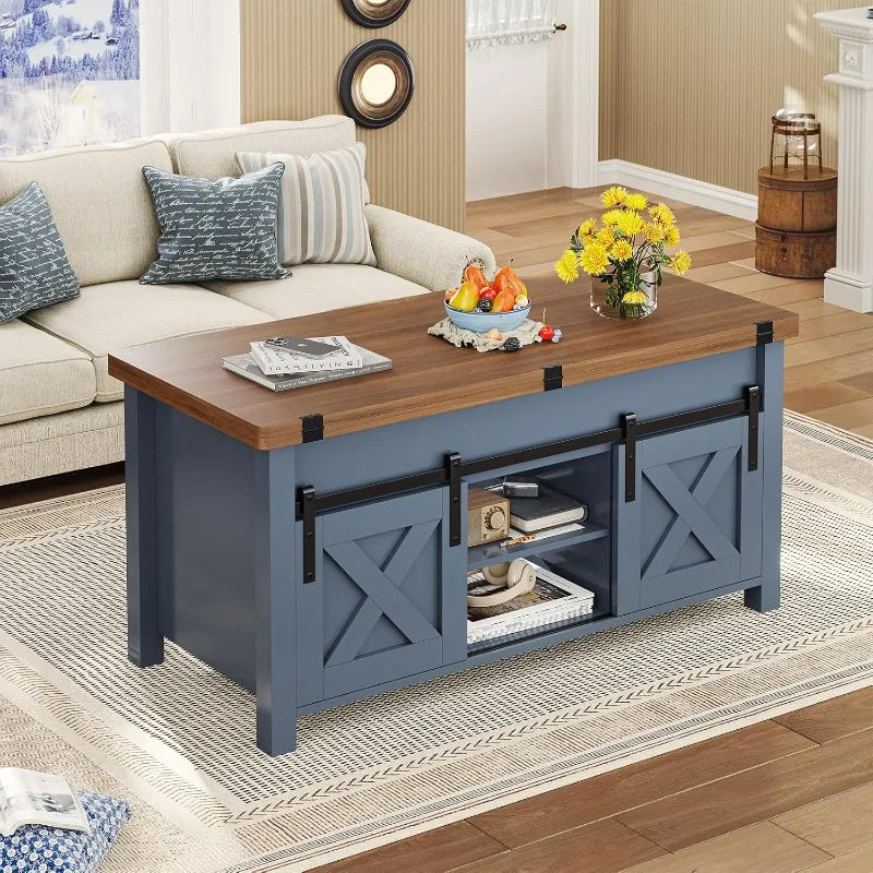 Farmhouse Lift Top Coffee Table, Blue with Woodgrain Top, and Storage