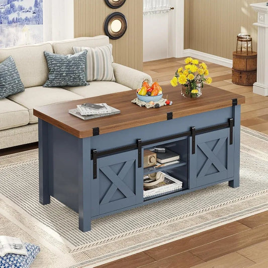 Farmhouse Lift Top Coffee Table, Blue with Woodgrain Top, and Storage
