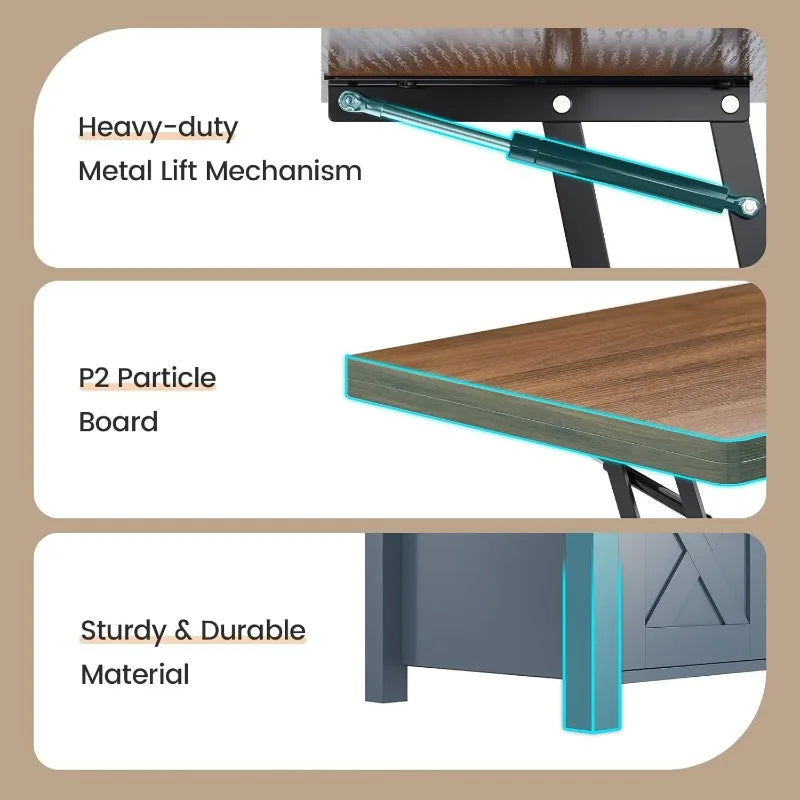 Farmhouse Lift Top Coffee Table, Blue with Woodgrain Top, and Storage