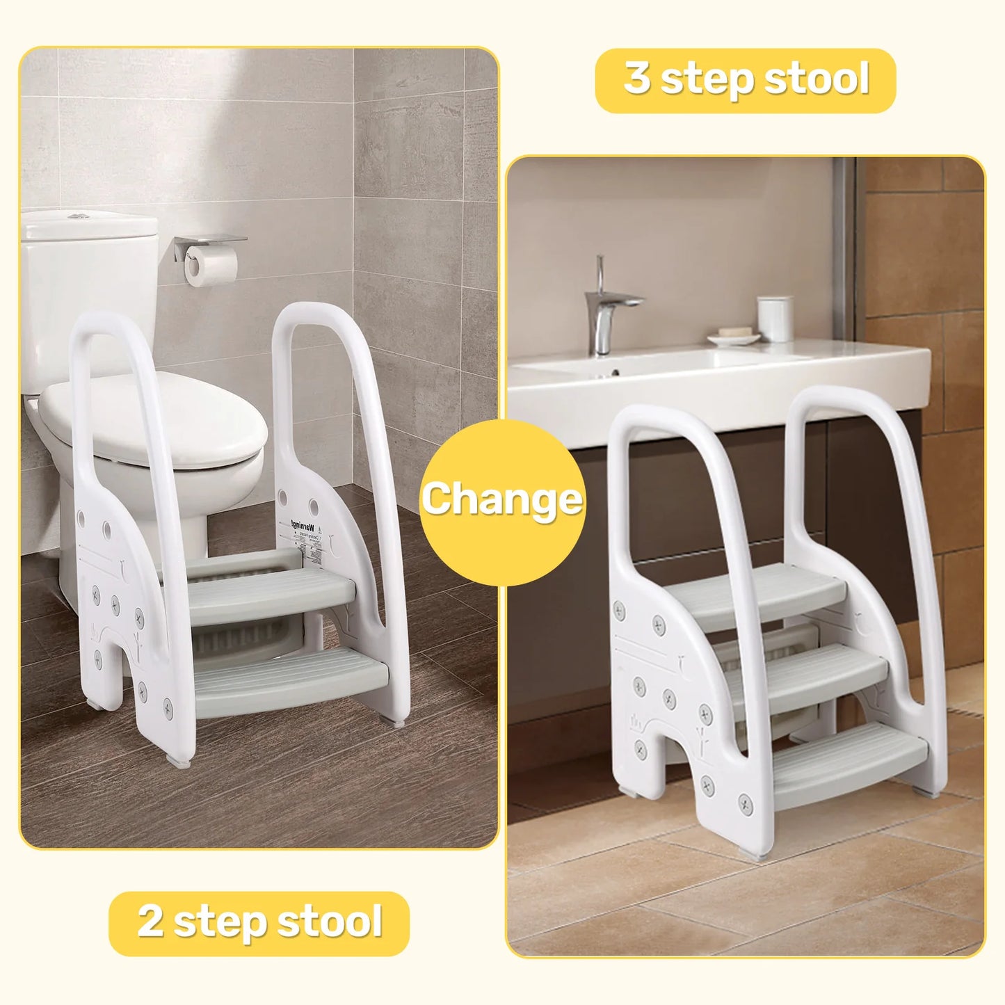 Toddler Step Stool, Kids Step Stool with Handles Sides, Plastic 3 Step Stool for Bathroom Sink, Kitchen Counter, Potty Trainer