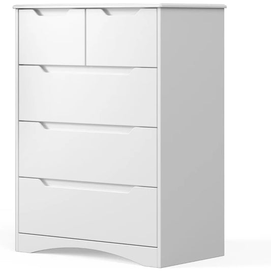5 Drawer Chest, White Dresser for Bedroom with Large Storage Capacity,  with Embedded Handle, Anti-Tip