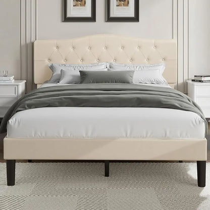 Queen, Full or Twin  Size Platform Bed Frame with Fabric Upholstered Headboard and Wooden Slats Support, No Box Spring Needed/Assembly,
