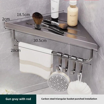 Bathroom Stainless Triangle Drain Shelf, No Drilling Wall Mounted, Carbon Steel Shelf, 3 color choices, 2 variations: with Hooks and towel bar and without