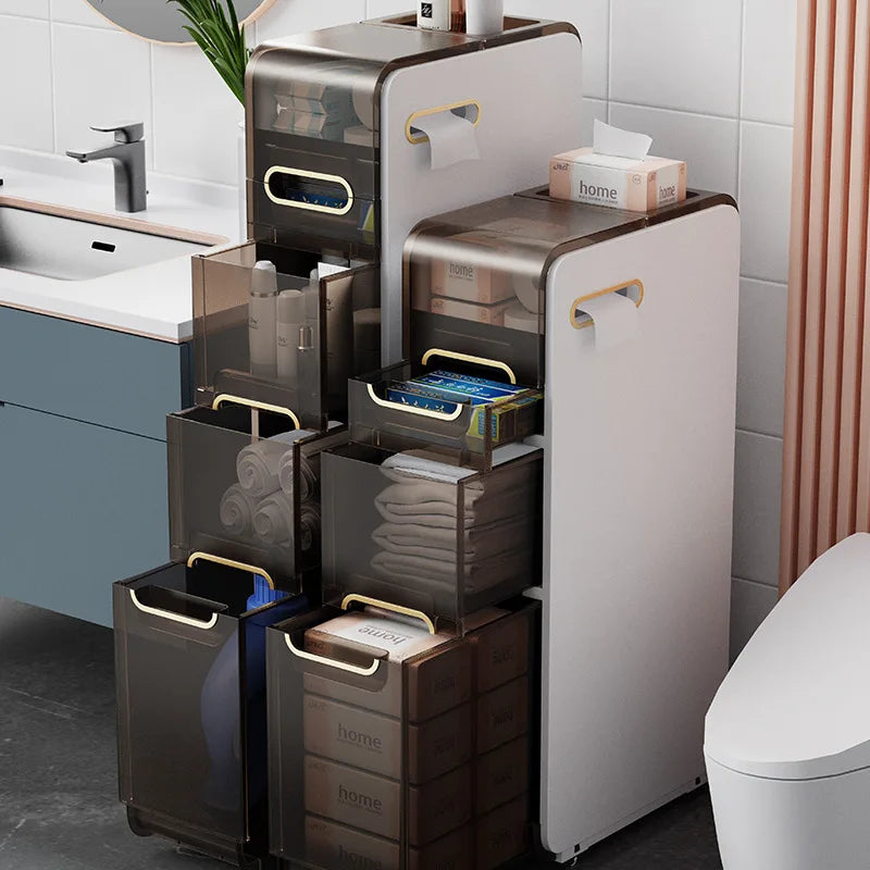 Modern Bathroom Cabinet, PP Toilet Sideboard, Narrow Bathroom Storage Cabinet with 2/3/4 Drawer Storage, Floor Shelf