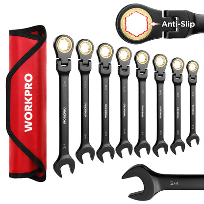 8pcs Flex-Head Ratcheting Combination Wrench Set, SAE 5/16-3/4 in 72-Teeth CR-V Constructed, Choice of 14 different Sets