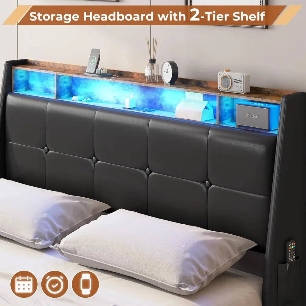 Full Black Platform Bed with Storage, LED Lights, USB Ports, 4 Drawers, Upholstered Headboard - Modern Style, No Box Spring