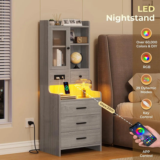 Grey Nightstand Set of 2 with Charging Station, 49.2" H, with LED lights.  Suitable for Tall Bedside Table or Office