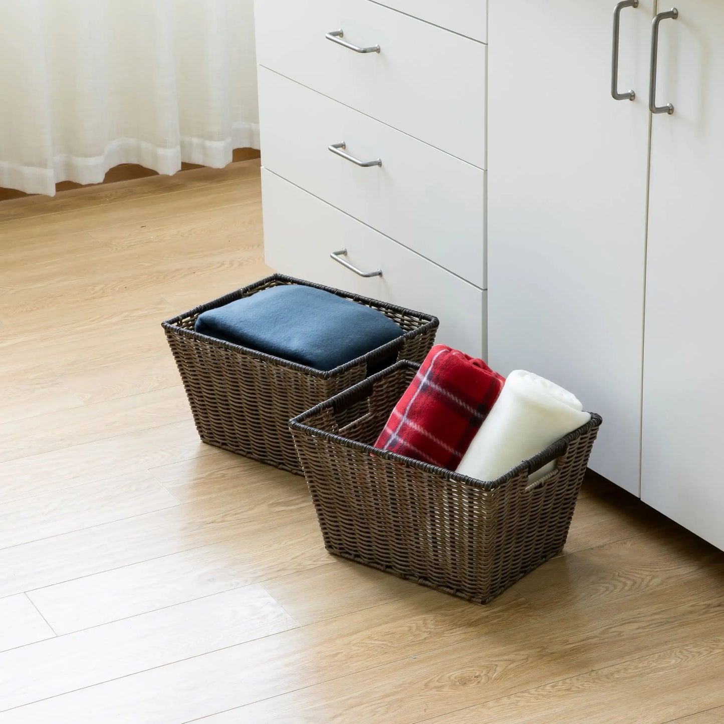 Large Poly Rattan Storage Basket with Handles, 2 Pack