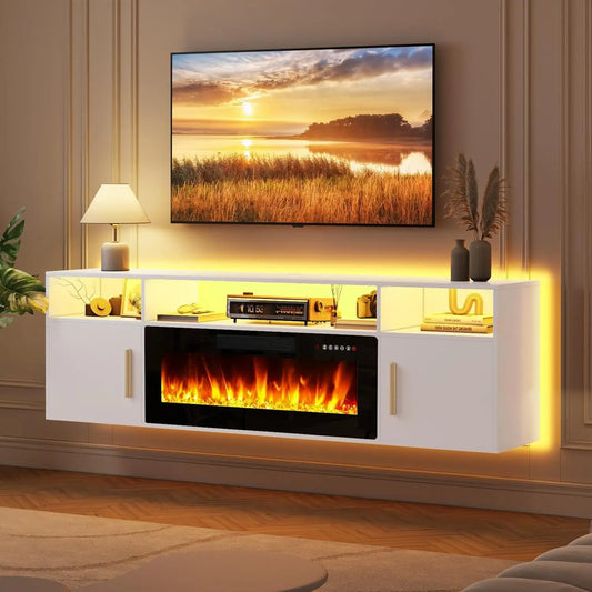 Floating Fireplace TV Stand 70'' ,  with LED Lights and Remote