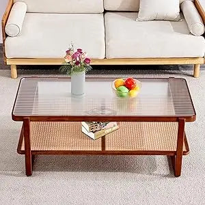 Rattan Coffee Table with Tempered Glass Top, Storage Shelf