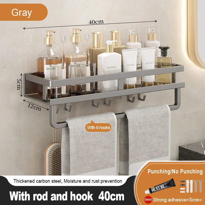 Bathroom Storage Rack, Adhesive Wall Mounted Towel Rack, Bathroom Cosmetics Storage Rack