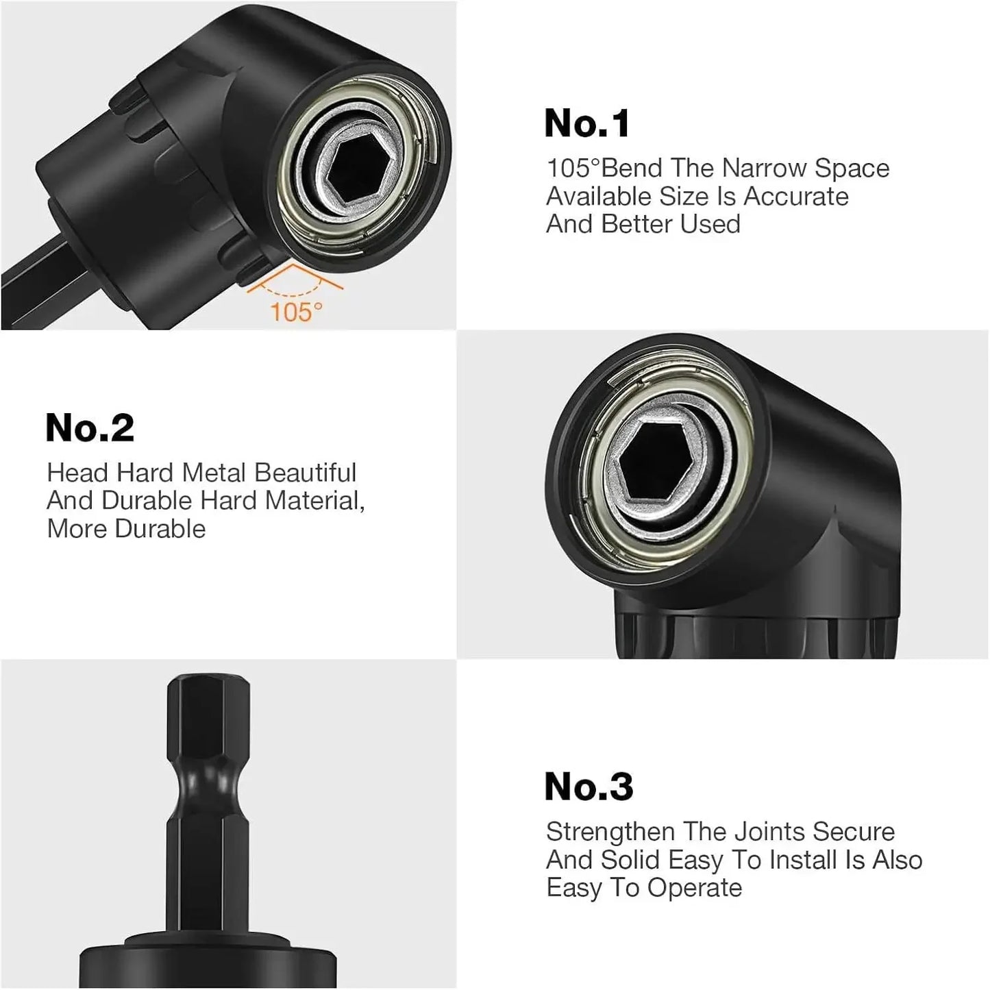 6Pcs Right Angle Drill Attachments:  Includes 2Pcs Hex Shank,105° Angle Drill Adapter and 90° Angled Bits-3Pcs Drill-Bit-Kit
