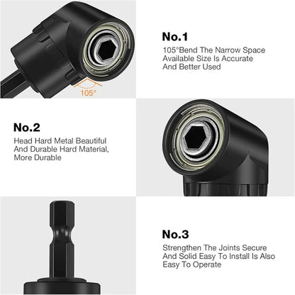 6Pcs Right Angle Drill Attachments:  Includes 2Pcs Hex Shank,105° Angle Drill Adapter and 90° Angled Bits-3Pcs Drill-Bit-Kit