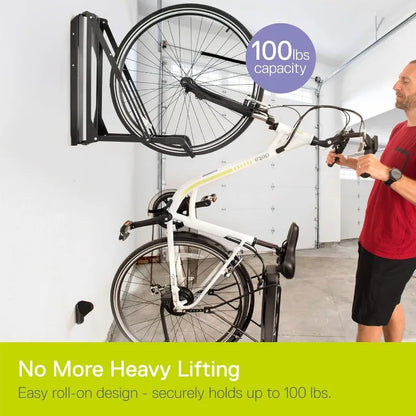 Bike Rack -Garage Wall Mount, Swivels to Save Space - No Lifting Required Vertical Bike Rack