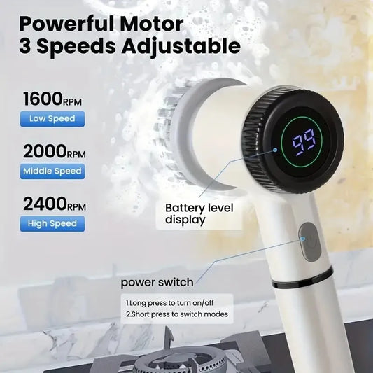 Electric Spin Scrubber, Cordless Shower Scrubber with Battery Level Display, 3 Speeds, Electric Scrubber with 5 Different Heads
