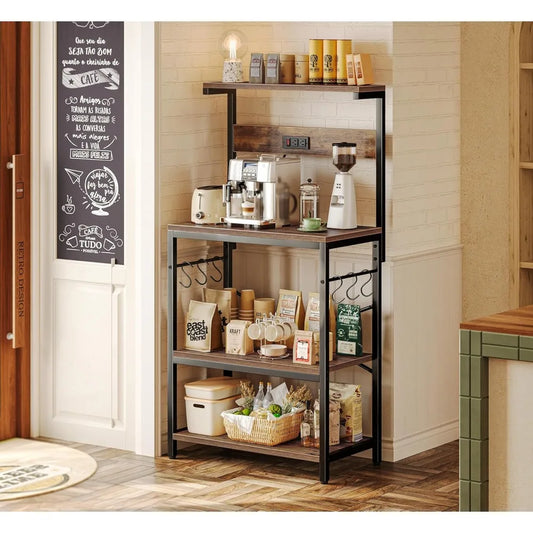 Kitchen Bakers Rack with Power Outlet, 4 Tier and 6 S-shaped Hooks.  Shelves are adjustable.  5 Colors