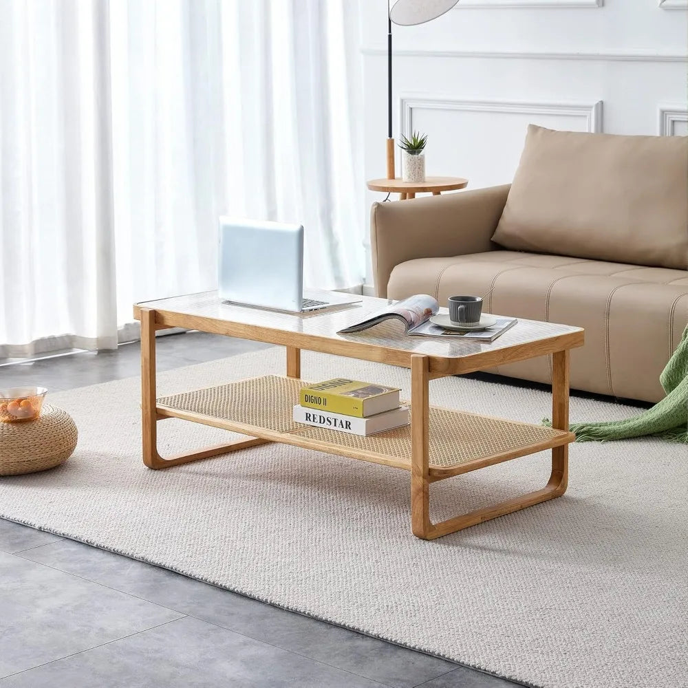 Rattan Coffee Table with Tempered Glass Top, Storage Shelf