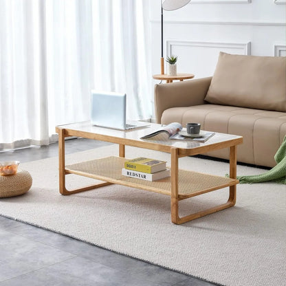 Rattan Coffee Table with Tempered Glass Top, Storage Shelf