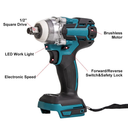 18V Electric Brushless Impact Wrench with Light, Rechargeable, 1/2 inch, Cordless, Battery Not Included, High Power Impact