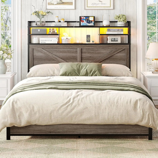 Wood and Metal Headboard for Full Size Bed with Storage, Sturdy