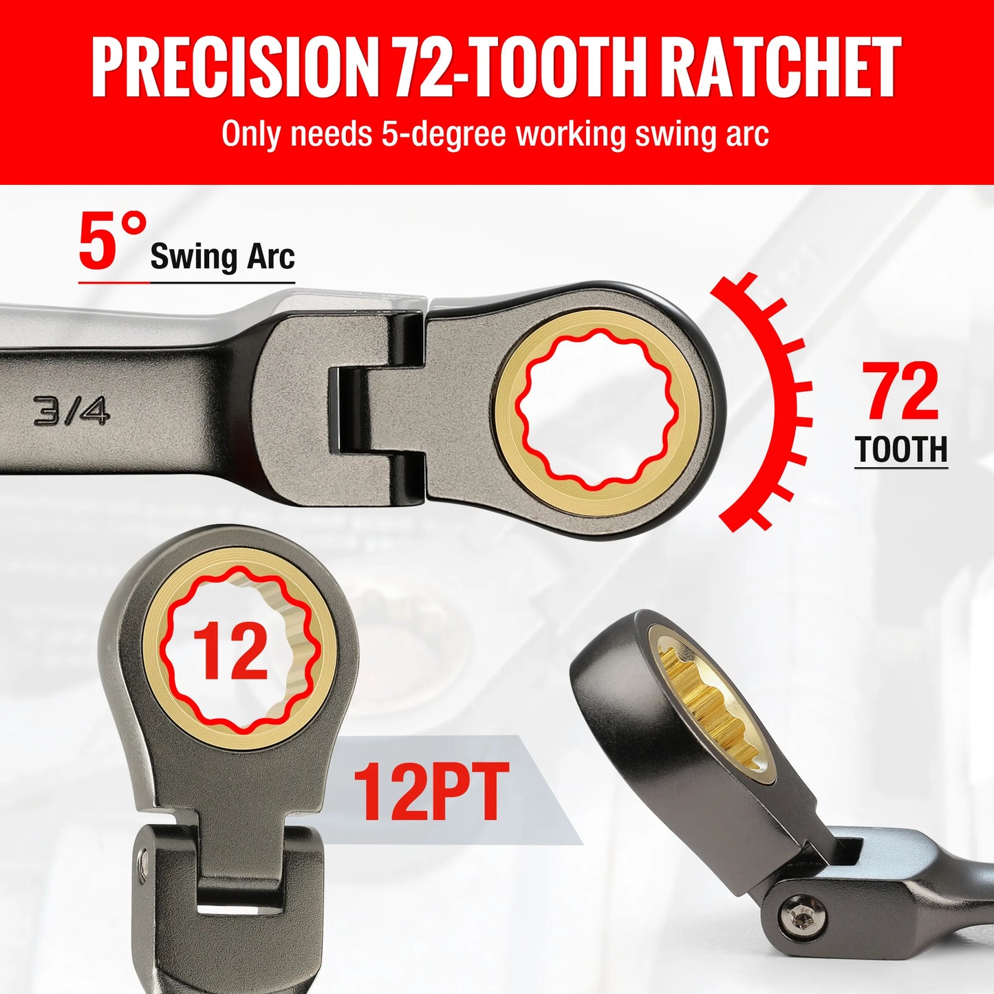 8pcs Flex-Head Ratcheting Combination Wrench Set, SAE 5/16-3/4 in 72-Teeth CR-V Constructed, Choice of 14 different Sets