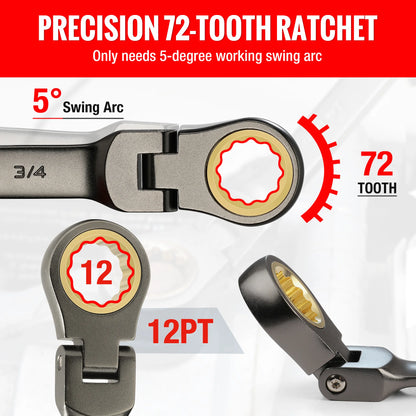 8pcs Flex-Head Ratcheting Combination Wrench Set, SAE 5/16-3/4 in 72-Teeth CR-V Constructed, Choice of 14 different Sets