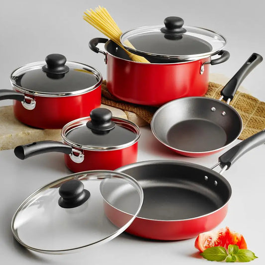 9-Piece Non-Stick Cookware Set with Tempered Glass Lids, Red