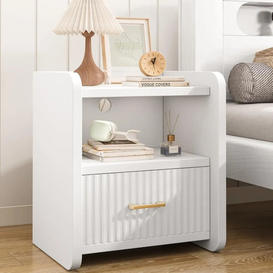 Modern Nightstand with Charger Station, Fluted Wood with Drawer Storage