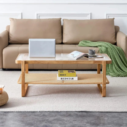 Rattan Coffee Table with Tempered Glass Top, Storage Shelf