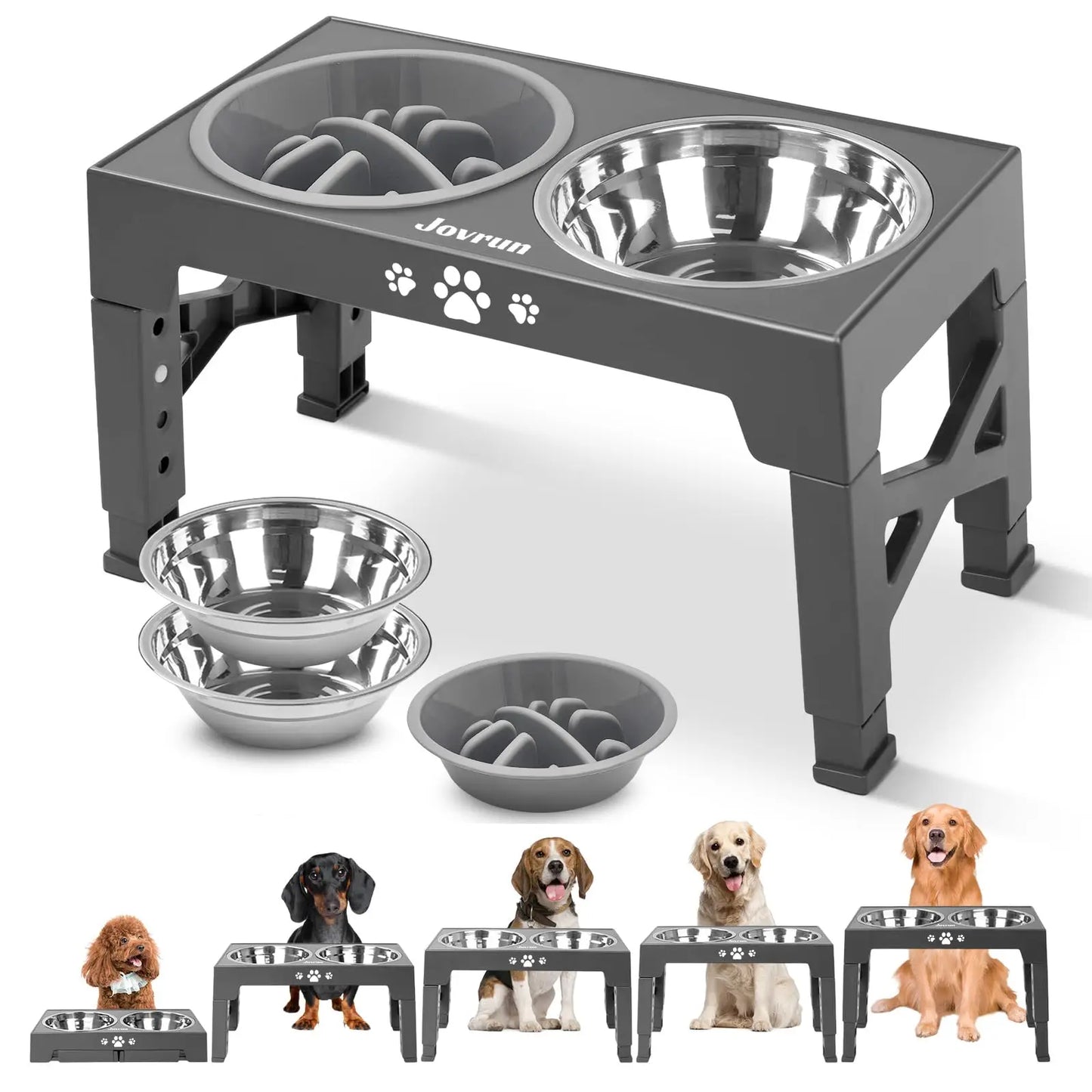 Adjustable Elevated Dog Bowls Stand with 2 Stainless Steel Bowls, and a Slow Feeder Bowl, Non Slip Feet, Dishwasher Safe for Medium/Large Dogs, White, Black or Gray