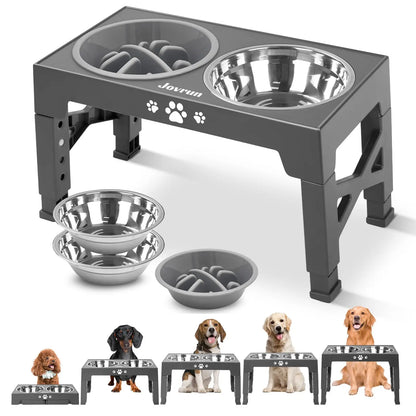 Adjustable Elevated Dog Bowls Stand with 2 Stainless Steel Bowls, and a Slow Feeder Bowl, Non Slip Feet, Dishwasher Safe for Medium/Large Dogs, White, Black or Gray