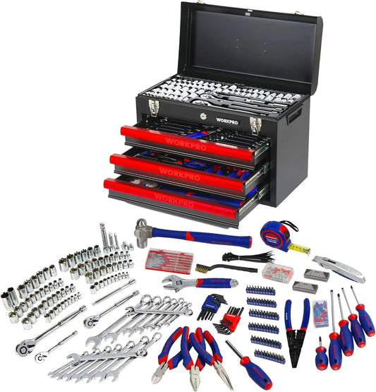 408-Piece Mechanics Tool Set, General Household Home Repair Tool Kit with 3-Drawer Heavy Duty Metal Box