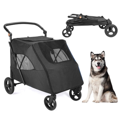 360° Swivel Breathable Pet Stroller-4 Wheels Rotate, Brakes, Height-Adjustable for Medium, Large Dogs