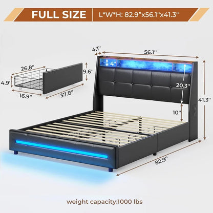 Full Black Platform Bed with Storage, LED Lights, USB Ports, 4 Drawers, Upholstered Headboard - Modern Style, No Box Spring