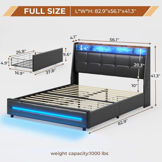 Full Black Platform Bed with Storage, LED Lights, USB Ports, 4 Drawers, Upholstered Headboard - Modern Style, No Box Spring