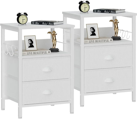 Nightstand Set of 2, or End Tables with 2 Fabric Drawers, and 2 Hooks. 2 Open Wood Shelves for Bedroom or Living room