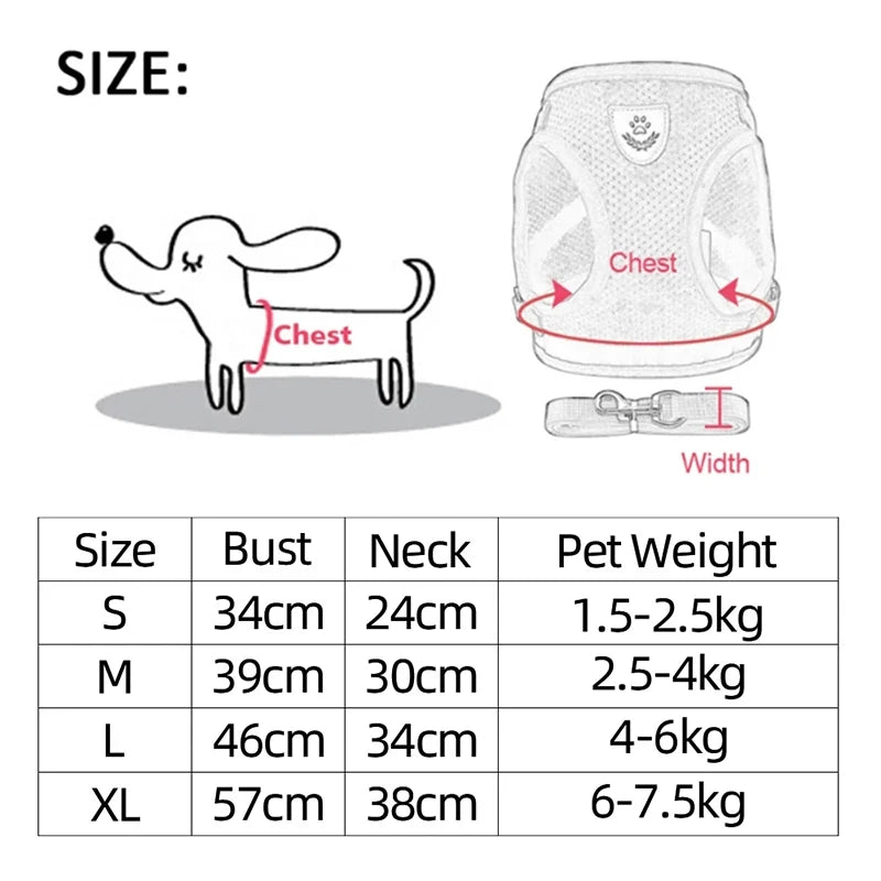 Dog/Cat Breathable and Comfortable Harness with Leash, Polyester, Adjustable Mesh Dog/Cat Harness -S, M.L, XL, 7 Color Selections