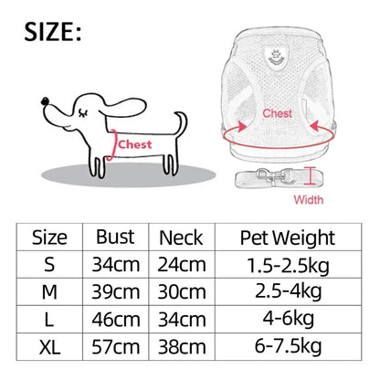 Dog/Cat Breathable and Comfortable Harness with Leash, Polyester, Adjustable Mesh Dog/Cat Harness -S, M.L, XL, 7 Color Selections