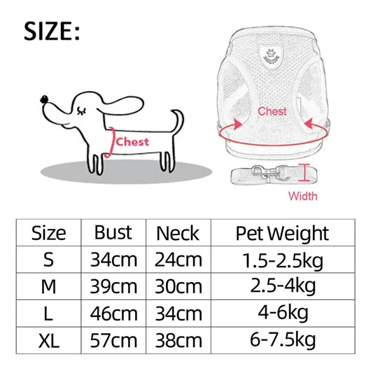 Dog/Cat Breathable and Comfortable Harness with Leash, Polyester, Adjustable Mesh Dog/Cat Harness -S, M.L, XL, 7 Color Selections