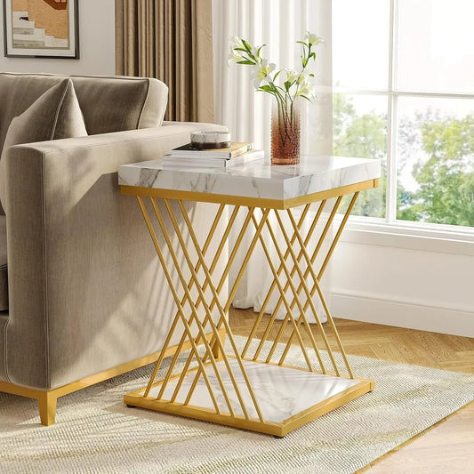 Square End Table, White and Gold 2-Tier, Side Table,  Modern Bedside Table with Storage ( Marble Veneer - White+Gold) 
Choice of 2 Styles