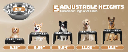 Adjustable Elevated Dog Bowls Stand with 2 Stainless Steel Bowls, and a Slow Feeder Bowl, Non Slip Feet, Dishwasher Safe for Medium/Large Dogs, White, Black or Gray