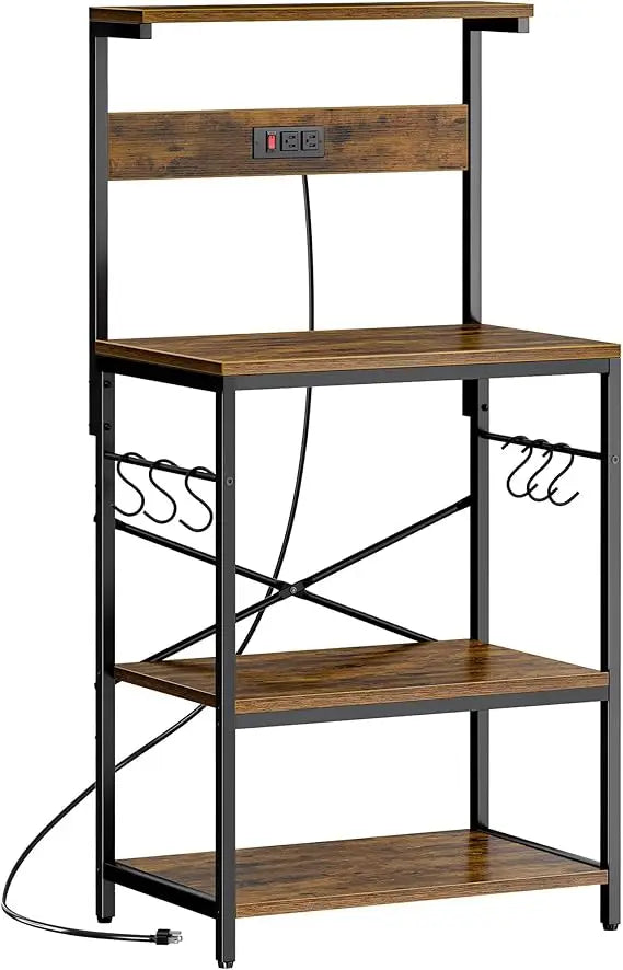 Kitchen Bakers Rack with Power Outlet, 4 Tier and 6 S-shaped Hooks.  Shelves are adjustable.  5 Colors