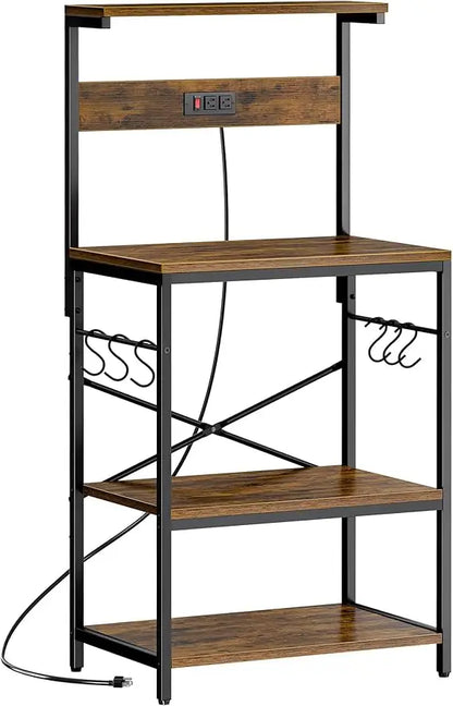Kitchen Bakers Rack with Power Outlet, 4 Tier and 6 S-shaped Hooks.  Shelves are adjustable.  5 Colors